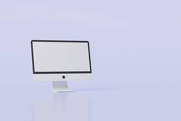 3D Realistic pc computer monitor display mockup icon on isolated purple background. Electronic hardware gadget device concept. 3d minimal computer device white screen creative icon design. 3d render.