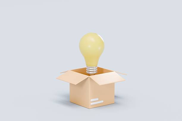 istock 3D yellow light bulb floating on parcel box icon. Startup idea concept. competition combine investment, invention, project support. Minimal Cartoon icon isolated on blue background. 3d rendering. 2253759788