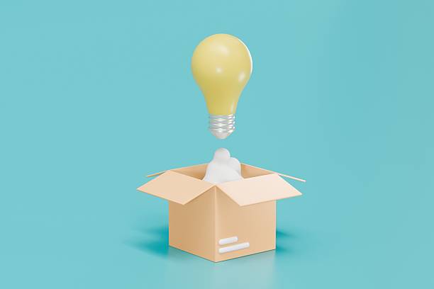 istock 3D yellow light bulb spaceship floating on parcel box icon. Startup idea concept. competition combine investment, invention, project support. Minimal Cartoon isolated on blue background. 3d rendering. 2253759789