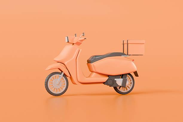 istock 3d Scooter or motor delivery express icon. E-commerce concept, Shopping online and Fast delivery service on mobile application concept. isolated on orange background. banner, copy space. 3D Rendering. 2253761067