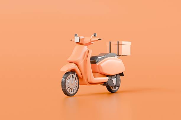 istock 3d Scooter or motor delivery express icon. E-commerce concept, Shopping online and Fast delivery service on mobile application concept. isolated on orange background. banner, copy space. 3D Rendering. 2253761575