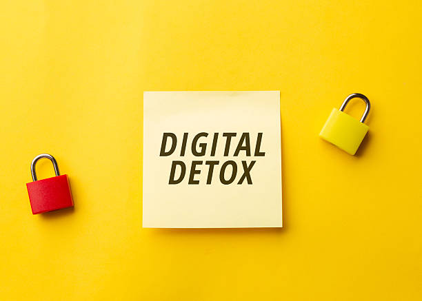 istock Digital detox message on sticky note with red and yellow padlocks on bright background. Concept of screen time control, technology addiction prevention, mental wellness, and social media security 2253763592