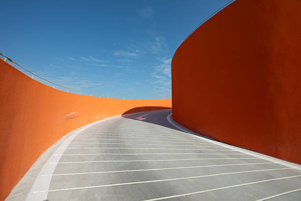 The rotating car ramp in the outdoor multi-story parking lot