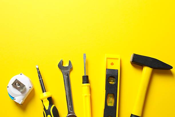 istock Set of tools on color background, top view 2253769993