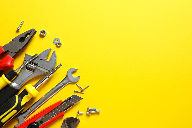 istock Set of tools on color background, top view 2253770025
