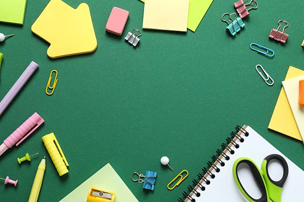 istock Flat lay with school stationery on color background, top view 2253770460