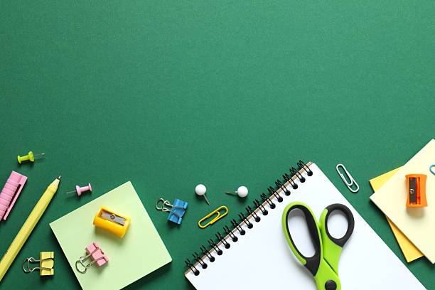 istock Flat lay with school stationery on color background, top view 2253770489