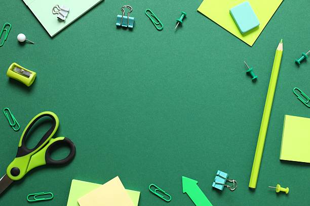 istock Flat lay with school stationery with open notebook on color background, top view 2253770495