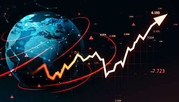 istock Upward arrow graph with global digital map background symbolizing financial growth, business technology, and global market data trends. 3D Rendering 2253770803