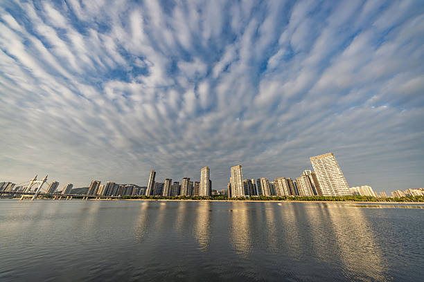 Urban architecture by the lake on a cloudy morning