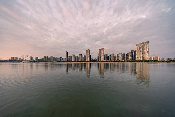 Urban architecture by the lake on a cloudy morning