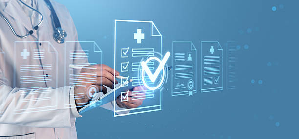 istock Doctor interacting with futuristic digital medical forms and checklists on virtual interface background illustrating health data management concept. 2253775822