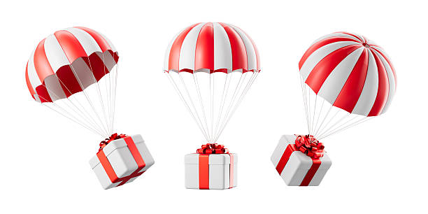 istock Red and white striped parachutes carrying gift boxes with red ribbons on white background, representing delivery or surprise concept. 3D Rendering 2253775887