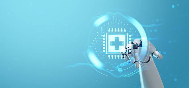 istock Robotic hand interacting with digital healthcare interface symbolizing medical technology advancement on futuristic blue background concept scene. 3D Rendering 2253776023