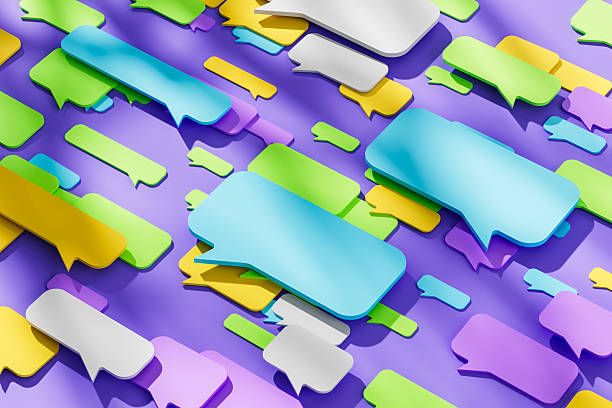 istock Colorful 3D speech bubbles scattered on vibrant purple background representing digital communication and messaging concept in modern style. 3D Rendering 2253777044