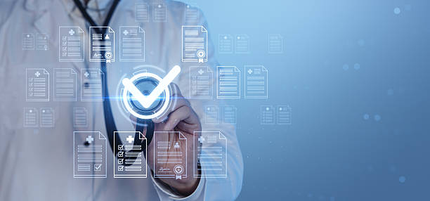 istock Doctor interacting with digital medical checklist interface on futuristic blue background, symbolizing healthcare data verification and approval concept. 2253777142