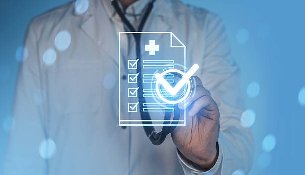 istock Medical checklist concept with doctor holding stethoscope and digital document icon with checkmark on futuristic background in healthcare technology theme. 2253777159