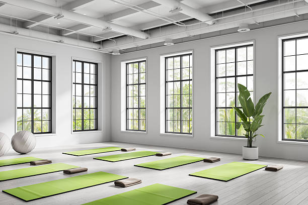 istock Bright yoga studio interior with green mats, large windows, industrial ceiling, and tropical plant design for wellness and relaxation concept. 3D Rendering 2253777162