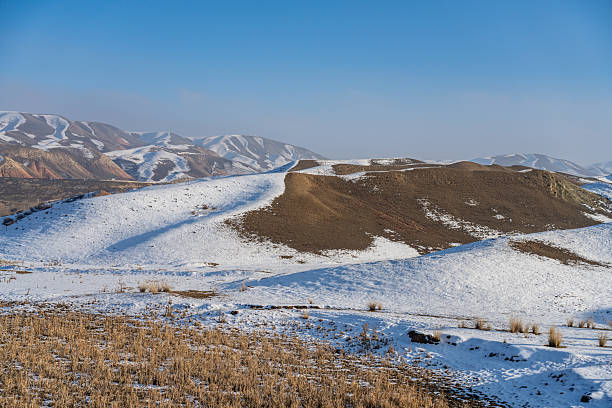 Dry grasslands and white snow on a sunny winter day
