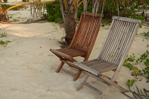 decorated sunny terrace deck with folding deck chairs and planters