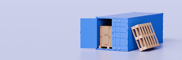 3d Open blue cargo container shipping and Cardboard boxes on pallet icon. Fast delivery concept. Online Shopping E-Commerce concept. Isolated on blue background. Copy space. Web banner. 3D rendering.