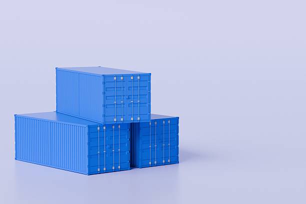 istock 3d Tree blue cargo container shipping stack icon. Fast delivery concept. Online Shopping or E-Commerce concept. Isolated on blue background. Copy space. Web banner. 3D rendering illustration. 2253784215