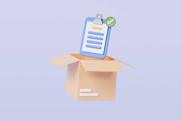 istock 3D Cardboard box and clipboard with order checklist, correct, confirm icon. Confirmed order delivery concept. Fast Delivery Online Concept. Shipment checklist. Isolated on purple background. 3D Render 2253784388