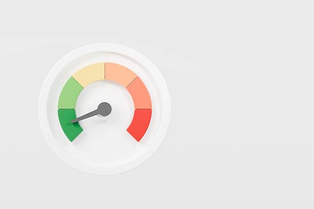3d Speedometer icon. Minimal Status Speedometer with arrow scale gauge. Green, Yellow, Orange, Red Status color or low, medium, high arrow scale performance status icon. Credit rating score. 3d render