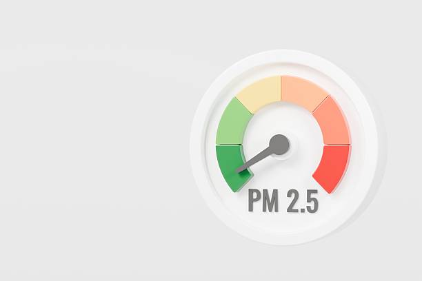 istock 3d PM 2.5 Dust with Speedometer icon. Minimal Status Speedometer with arrow scale gauge. Low, Medium, High arrow status icon. Credit rating score. Air pollution protection awareness concept.3d render 2253786251