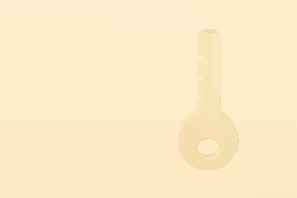 3D Key with a simple round design. Lock security and safety concept. Minimal Cartoon shiny orange cartoon key car with round minimal design icon. Isolated on transparent background, PNG. 3d render.