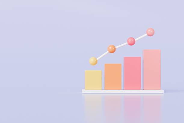 istock 3D Bar Chart with arrow rising icon on isolated purple background. Soaring finances, strengthening currency concept. Minimal Data analysis bar pie graph growth up with an arrow rising icon. 3d render. 2253787479