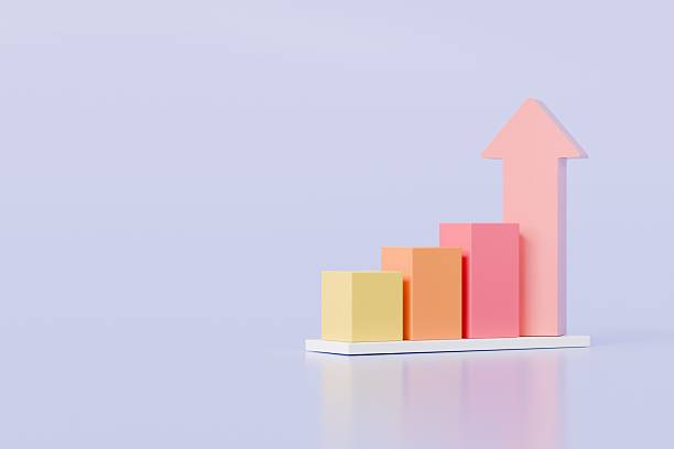 istock 3D Bar Chart with arrow rising icon on isolated purple background. Soaring finances, strengthening currency concept. Minimal Data analysis bar pie graph growth up with an arrow rising icon. 3d render. 2253788507