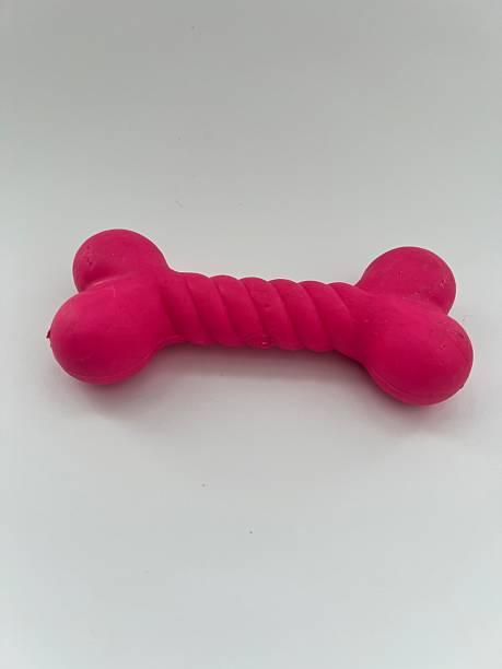 istock Bright pink rubber dog bone toy with textured twisted center 2253795941