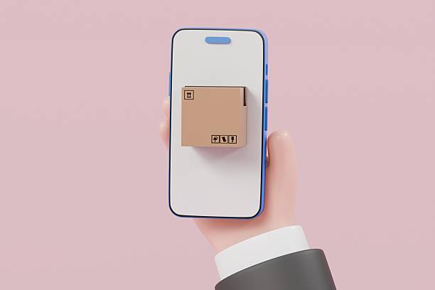 istock 3D hand holding mobile phone with Delivered order in cardboard box icon, Smartphone with parcel box or delivery box, logistic and factory concept, minimal Cartoon creative icon isolated. 3D Rendering 2253799921