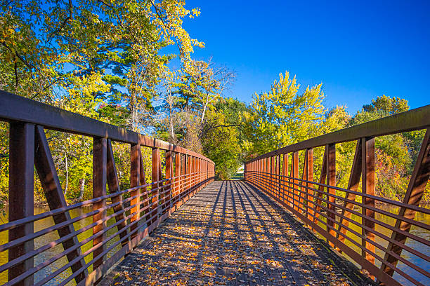 Elevated walking bridge beckons you to go for a walk and explore, on a sunny Autumn day.