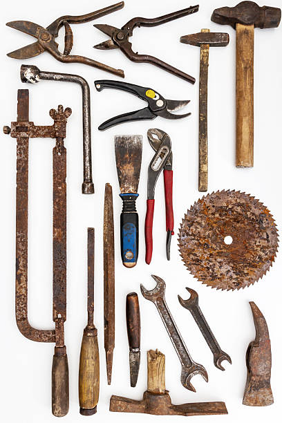 istock Flat lay of old hand tools on white background. 2253804830