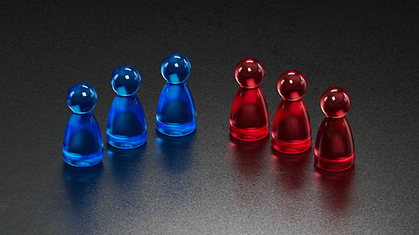 istock Blue & Red Groups: Equal Upright Game Pieces in Separate Lines 2253805768