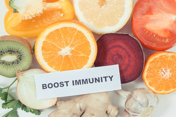 istock Inscription boost immunity and fresh fruits with vegetables. Source natural vitamins and minerals. Beneficial eating in times of Covid-19 2253806358