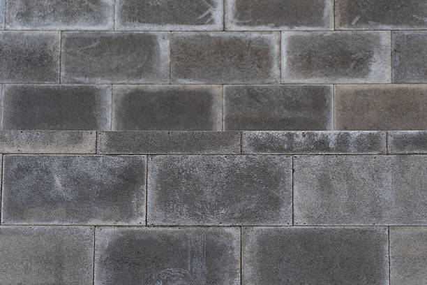 Abstract architectural background showing gray concrete masonry blocks arranged in horizontal rows with weathered surface texture