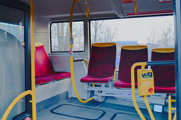 istock Warsaw Bus Interior: Red Seats & Winter City View 2253806894