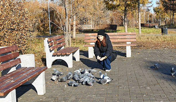 WoA woman is sitting on a park path near benches. She is feeding a group of pigeons with bread crumbs. Trees surround the area, and it is a bright, sunny day.man feeds pigeons in a park while sitting on a bench during a sunny day