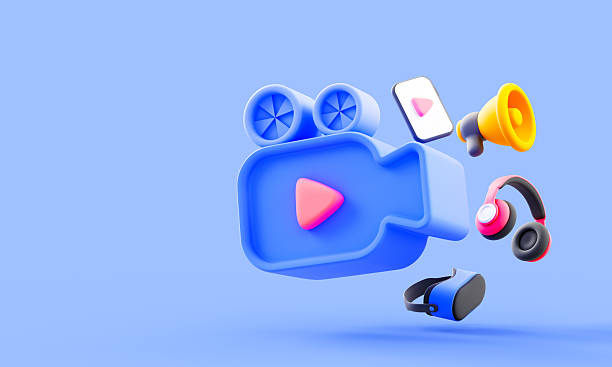 istock Colorful 3D illustration of video production tools, including a camera, clapperboard, microphone, and media icons on a blue background. 2253808466