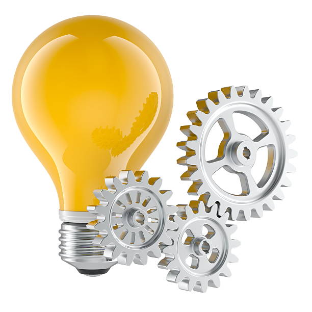 istock Innovation and engineering, concept. Yellow light bulb with metal gears. 3D rendering 2253810043