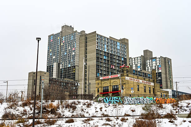 December 26th, 2025 - Minneapolis, Minnesota USA: Riverside Plaza complex and Mixed Blood Theater in Minneapolis. The Riverside Plaza complex also know as Cedar-Riverside currently offers housing to approximately 4,400 residents – the majority of which are of East African descent – and is the largest affordable housing development in the Midwest.
