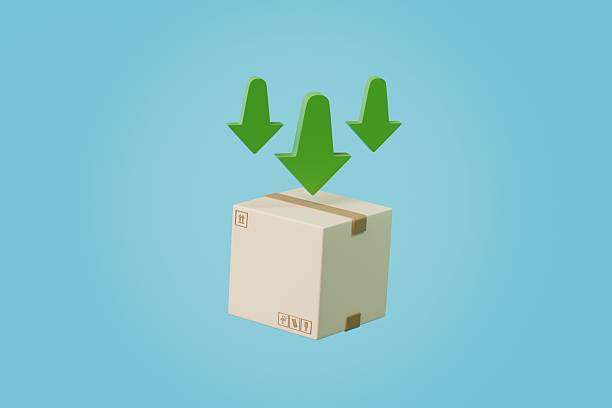 3d Import Shipping transportation icon. International package delivery concept, Global Tariff purchases transportation business, cardboard boxes with arrow down isolated on blue background. 3d render.