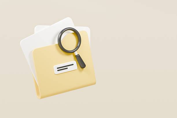 3D File folder with magnifying glass icon. Minimal Magnifying glass and folder with files icon isolated on yellow background. Search, Find, Analysis document information archive concept. 3d render.