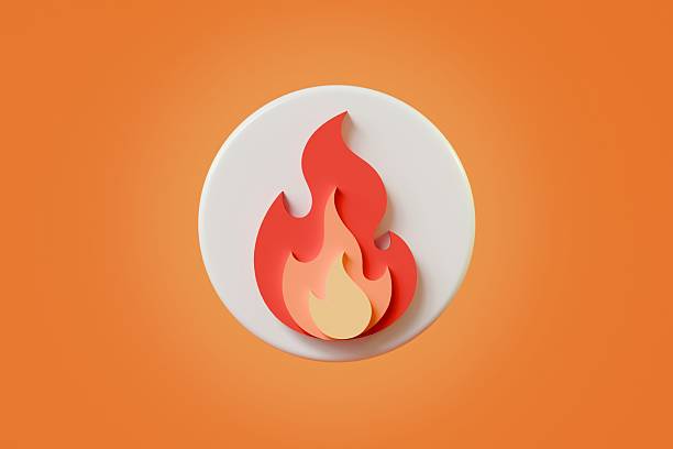3d fire flame icon symbol. fire burning red hot sparks isolated on orange background. sprite of fire emoji, energy and power concept. Minimal red blaze for product advertising. 3d render illustration.
