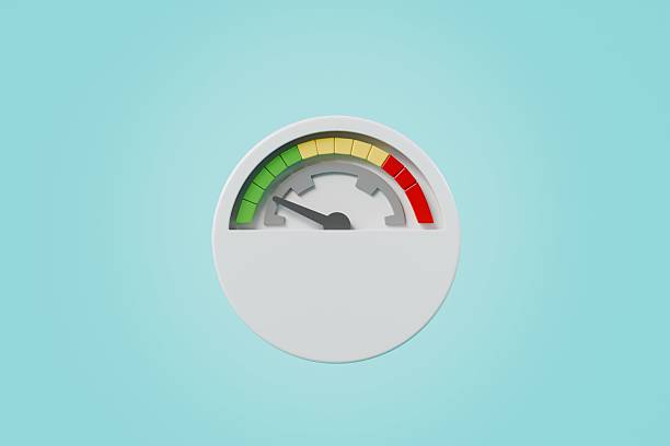 3d Speedometer icon. Minimal Status Speedometer with arrow scale gauge. Green, Yellow, Orange, Red Status color or low, medium, high arrow scale performance status icon. Credit rating score. 3d render