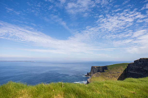 A view of the ocean with green grass and blue sky at Cliffs of Moher