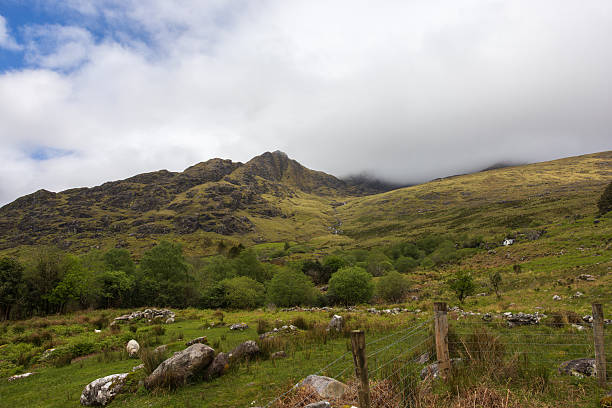 Hillside with rocks, fence, sheep, and clouds near Gap of Dunloe in Killarney, Ireland